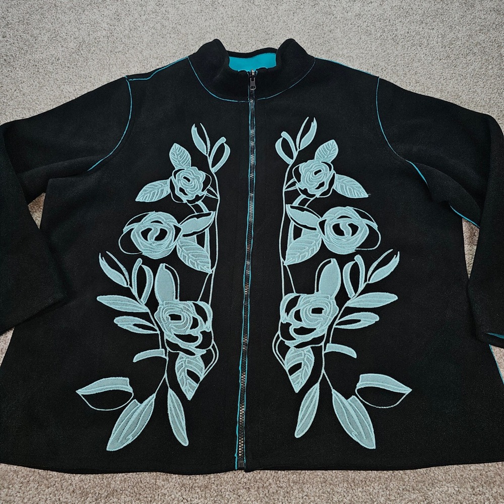 Susan Graver Style Black Fleece Jacket Floral Embroidery Teal Trim Zip Women 2X‎